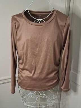 just be Satin-Feel Long Sleeve Top in Taupe